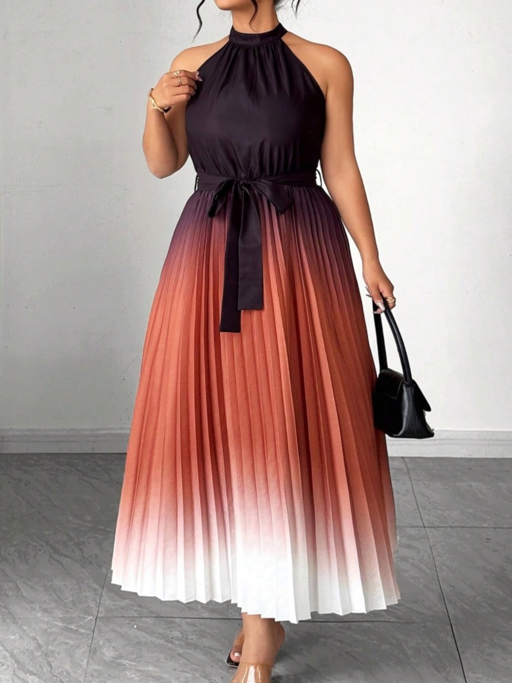 Plus Ombre Halter Belted Pleated Maxi Dress